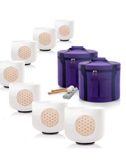 ENSEMBLE DE 7 BOLS TIBÉTAIN 432hz D'OCCASION (+ - 8 UTILISATIONS (BOLLE CHAKRA DE LA GOERGE; UN PETIT MORCEAU BRISÉ) ÉTUIT VERT OLIVE