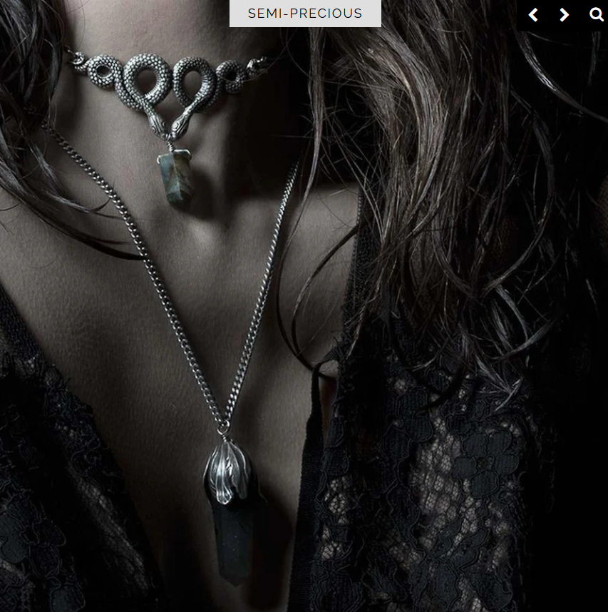 BIJOU COLLIER REGAL ROSE ARGENT 24 POUCES PIERRE AGATE NOIRE - Bijoux d'occasion