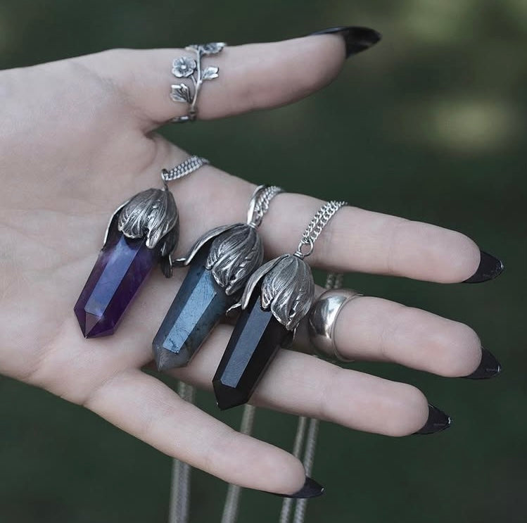 BIJOU COLLIER REGAL ROSE ARGENT 24 POUCES PIERRE AGATE NOIRE - Bijoux d'occasion