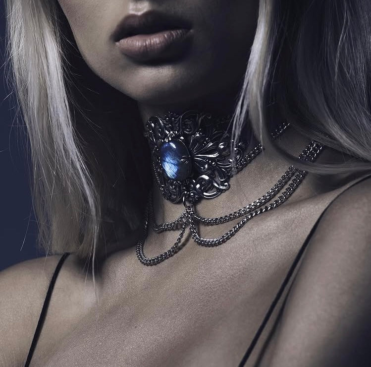 REGAL ROSE COLLIER CHOKER ARGENT PIERRE LABRADORITE - Bijoux d'occasion