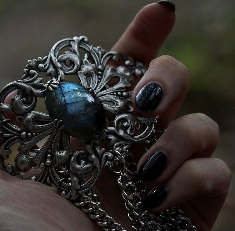 REGAL ROSE COLLIER CHOKER ARGENT PIERRE LABRADORITE - Bijoux d'occasion