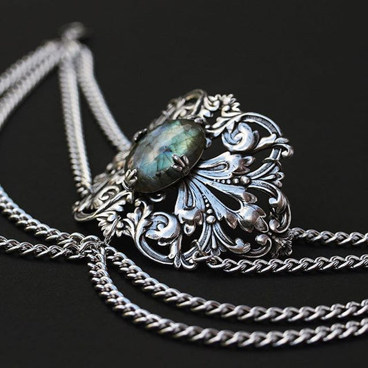 REGAL ROSE COLLIER CHOKER ARGENT PIERRE LABRADORITE - Bijoux d'occasion