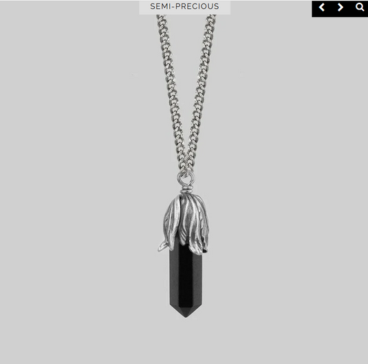 BIJOU COLLIER REGAL ROSE ARGENT 24 POUCES PIERRE AGATE NOIRE - Bijoux d'occasion