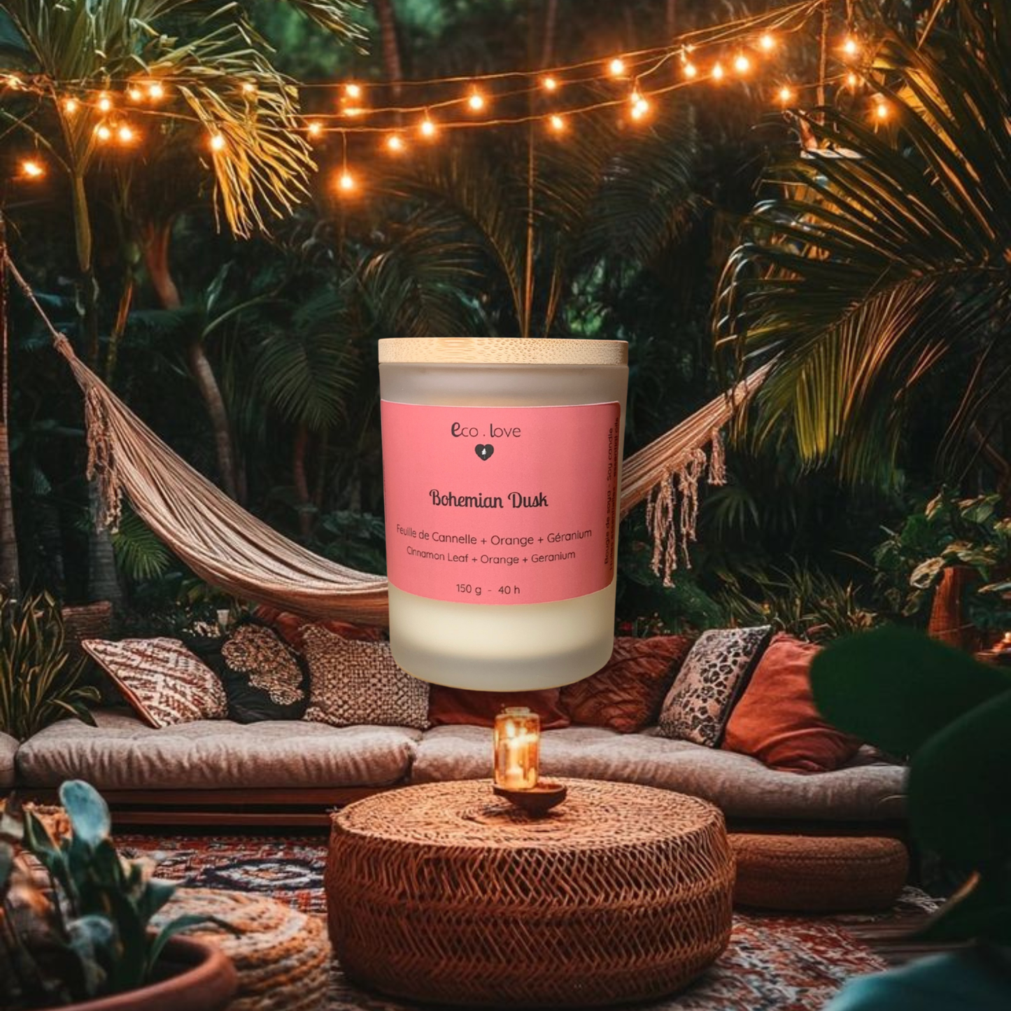 *Couvercle un peu relevé  —  BOHEMIAN DUSK  —  Bougie de soya  —  Feuille de Cannelle + Pamplemousse Blanc + Orange*