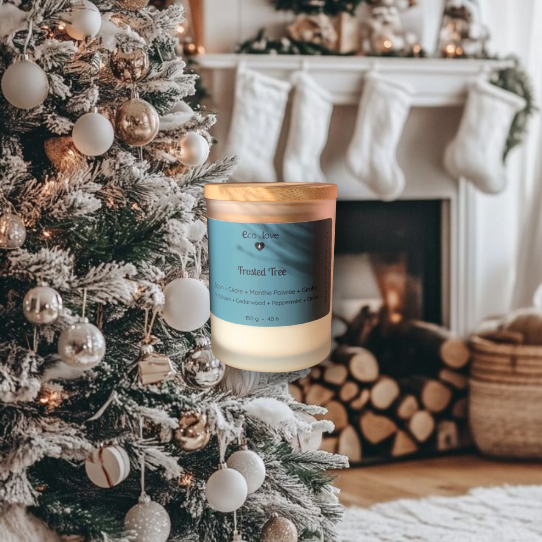 *Couvercle un peu relevé  —  FROSTED TREE  —  Bougie de soya  —  Sapin + Cèdre + Menthe Poivrée + Girofle