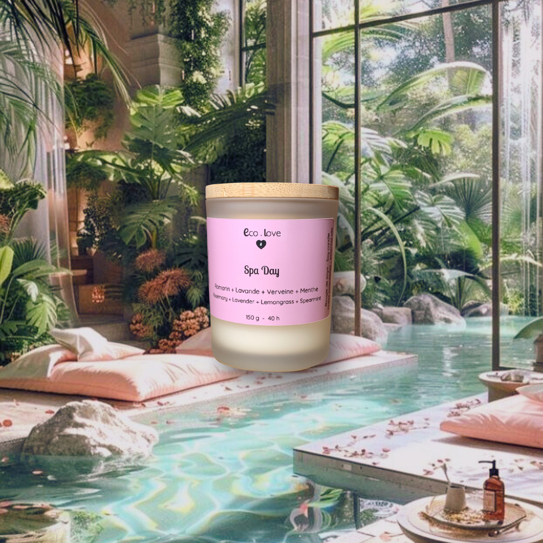 *Couvercle un peu relevé  —  Bougie SPA DAY  —  Romarin + Lavande + Verveine des Indes + Menthe Verte