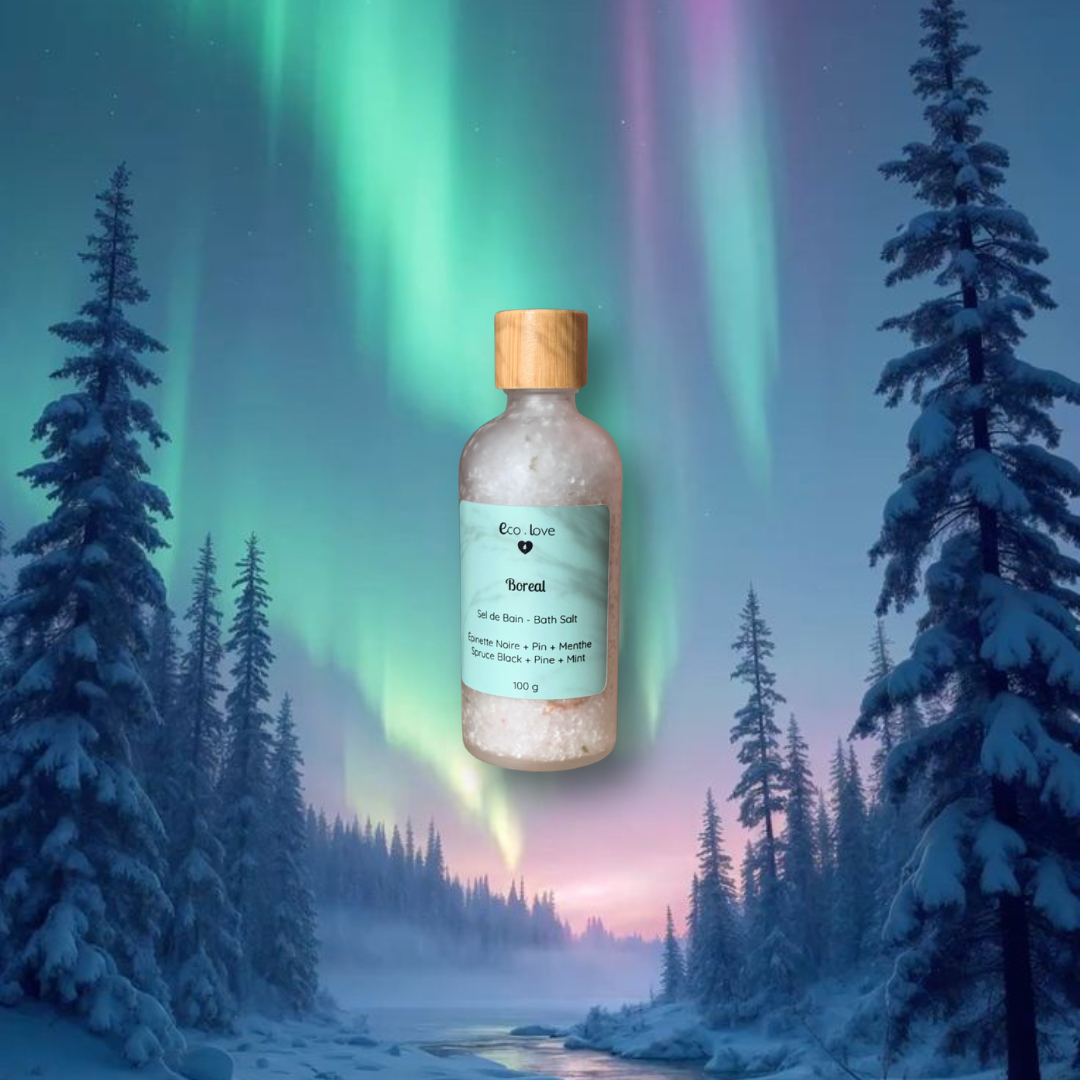 BOREAL —  Sel de Bain  —  Sel d'Epsom  —  Épinette Noire + Cèdre + Pin + Citron + Menthe Poivrée